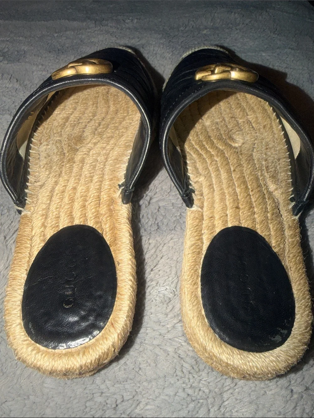 Preloved Gucci Black Quilted Leather Espadrille Mules with Gold GG size38